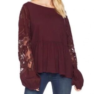 Free People Free Penny Embroidered Balloon Sleeve Maroon Medium Long Sleeve